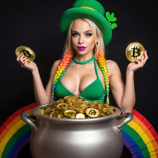 Prompt: A beautiful blonde petite female leprechaun exotic dancer with popping out of a pot of gold bitcoins  with full lips and fill chest size green eyes and rainbow microbraided hair 