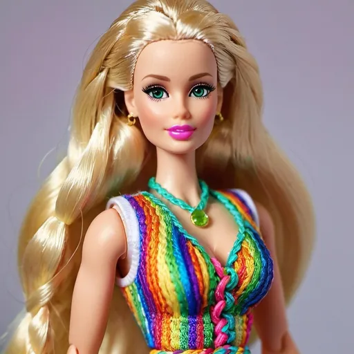 Prompt: Blonde female with green eyes with rainbow micro braided hair barbie designer outfit  revelaing extra large cleavage 