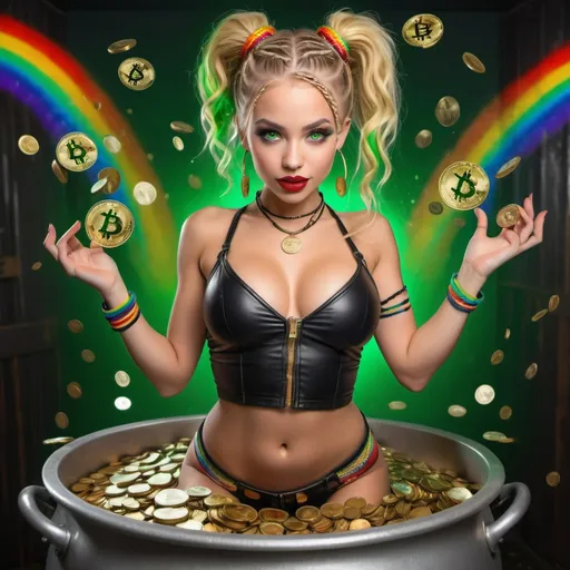 Prompt: A beautiful blonde petite female small leather strapped 2 piece outfit classy but revealing exotic dancer popping out of a pot of gold bitcoins money falling all around her  with full sized red lips and fullchest size green eyes and rainbow microbraided hair 