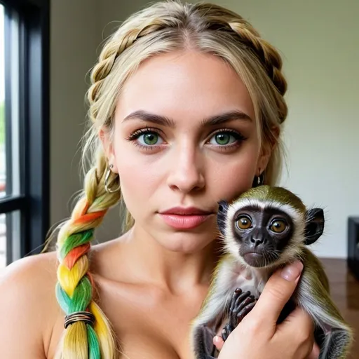 Prompt: Blonde female rainbow microbraided hair revealing extra large cleavage full lips green eyes and carrying a baby spider monkey  