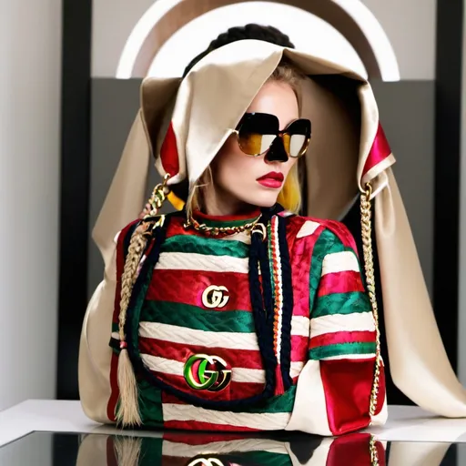 Prompt: BLONDE FEMALE RAINBOW MICROBRAIDED HAIR DESIGNER OUTFIT GUCCI MATCHING 2 PIECE WITH DESIGNER SUNGLASSES GUCCI AND DESIGNER GUCCI BAG