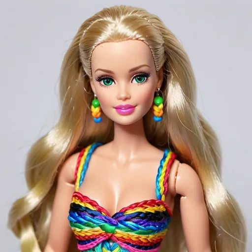 Prompt: Blonde female with green eyes with rainbow micro braided hair barbie designer outfit  revelaing extra large cleavage 