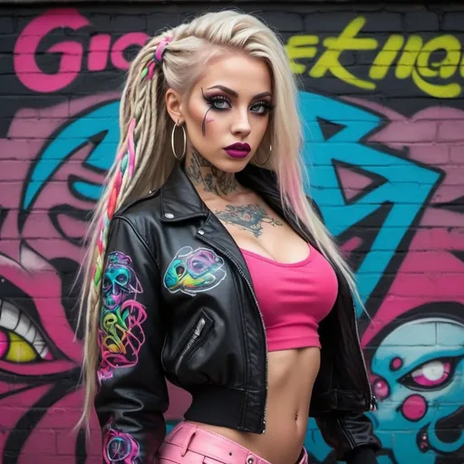 Prompt: New age techno art cyber punk natural large eyes female with blonde rainbow long microbraided hair revealing large cleavage red lips full and tattoo body pink 2 piece leather wearing thigh higheel boots bomber jacket leather graffiti print medusa exotic pose dark graffiti medusa art backround wall 