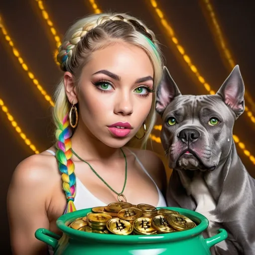 Prompt: A beautiful blonde petite female exotic dancer with popping out of a pot of gold bitcoins  with full lips and fill chest size green eyes and rainbow microbraided hair and a cane corso pitbull 