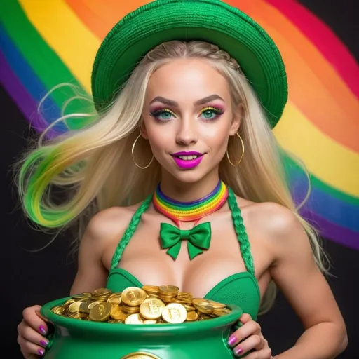 Prompt: A beautiful blonde petite female leprechaun exotic dancer with popping out of a pot of gold bitcoins  with full lips and fill chest size green eyes and rainbow microbraided hair 