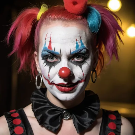 Prompt: A killer female clown with gothic taste of punk rocker techno disco balj