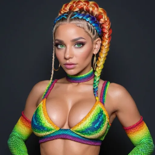 Prompt:  Blonde female green eyes  micro braided rainbow colored updo hair wearing matching outfit 2 piece revealing large cleavage with a reptilian outfit matching tight exotic revealing