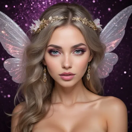 Prompt: Glitter new aged A mythilogical temptress extra lanrge cleavage 
full lips passionate sensuality of exotic minds and exploring intuitive connections of angels and fairies