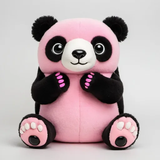 Prompt: A pink Kargaroo with white panda eyes and a blavk pouch  and pink toes and fingers 