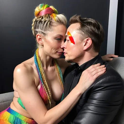 Prompt: Petite blonde female green eyes and rainbow pastel colored microbraided updo hairs with slim waste and wide rear sitting on elon lap facing towards his face and. Round juicy rear end facing out straddling one leg on each side over his lap and kissing elon musk who is sitting in a black thrown with gold trim on it and techno themed