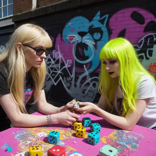 Prompt: graffitti blonde neon rainbow long hair the Chester cat and Alice plating a game of dice