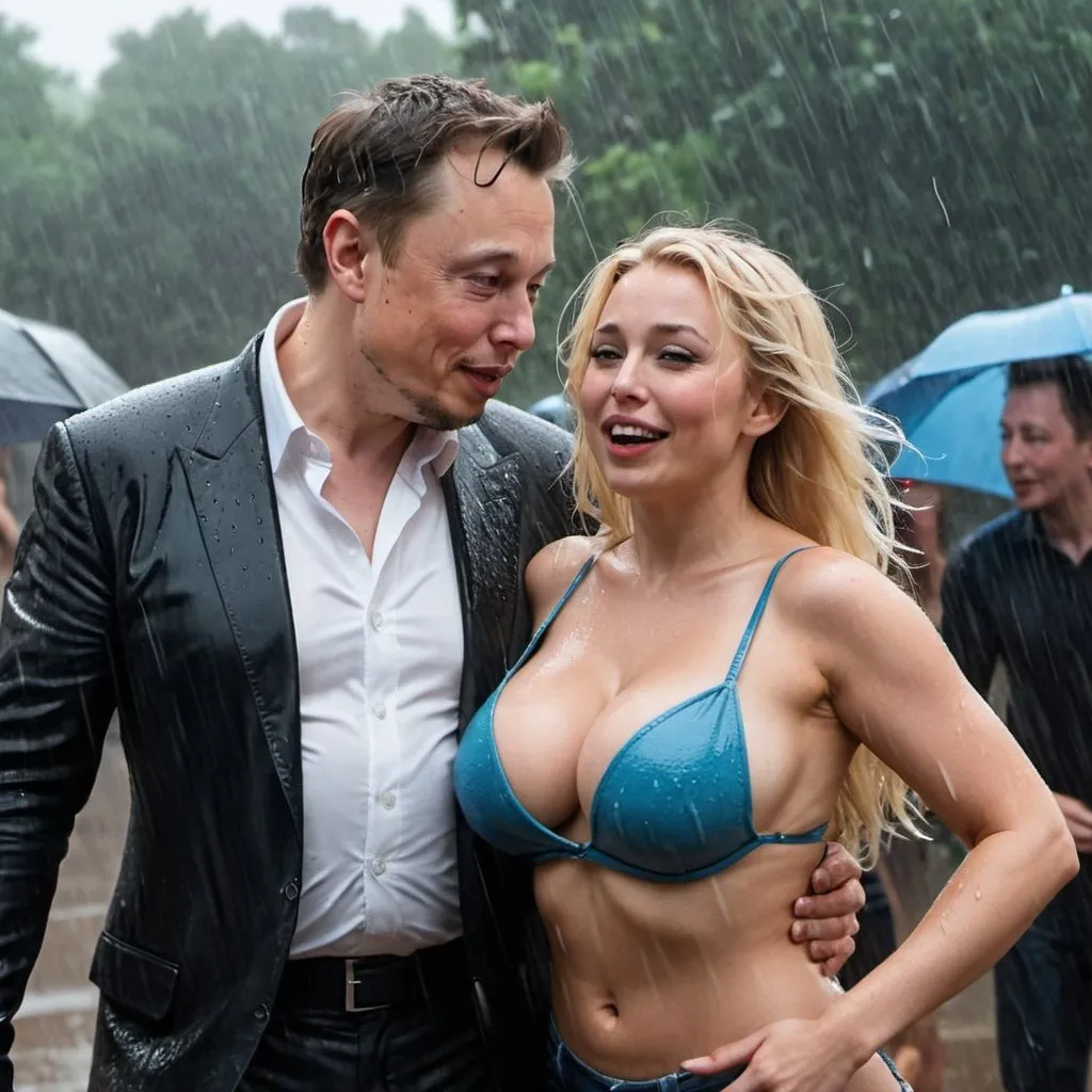 Prompt: Blonde female revealing extra large cleavage dancing in the rain next to her boyfriend elon musk