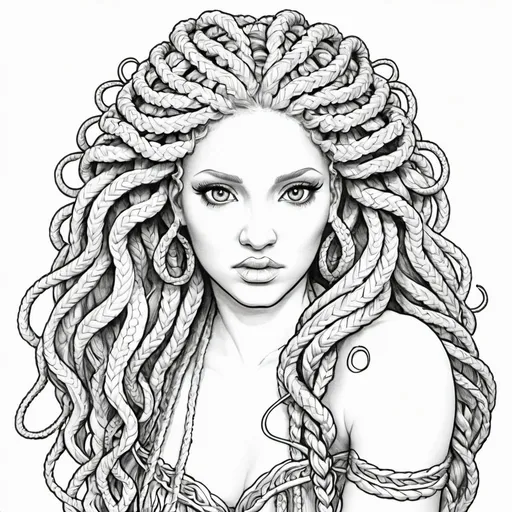 Prompt: Coloring page medusa microbraided blonde hair 