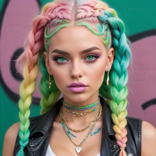 Prompt: Pastel graffiti gangster character green eyes revealing extra lasrge cleavage with rainbow pastel microbraided hair and full lips