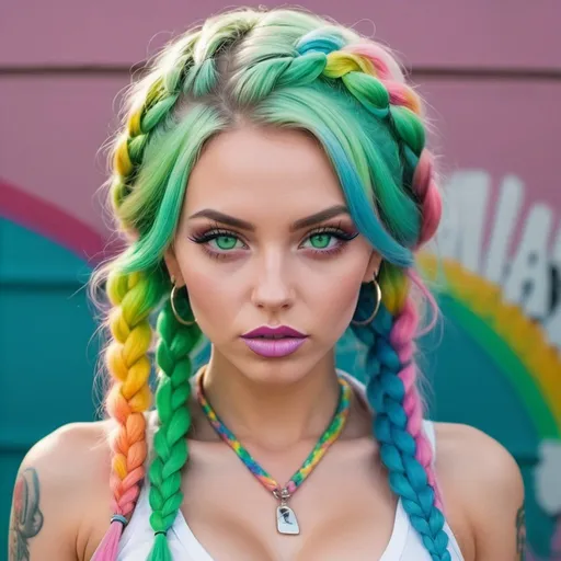 Prompt: Pastel graffiti gangster character green eyes revealing extra lasrge cleavage with rainbow pastel microbraided hair and full lips