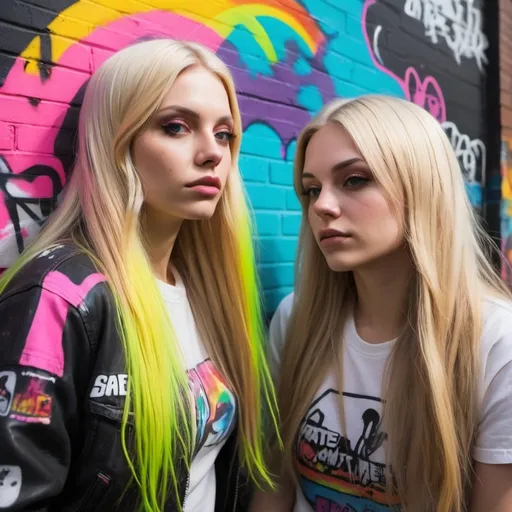 Prompt: graffitti blonde neon rainbow long hair and Alice playing grand theft auto