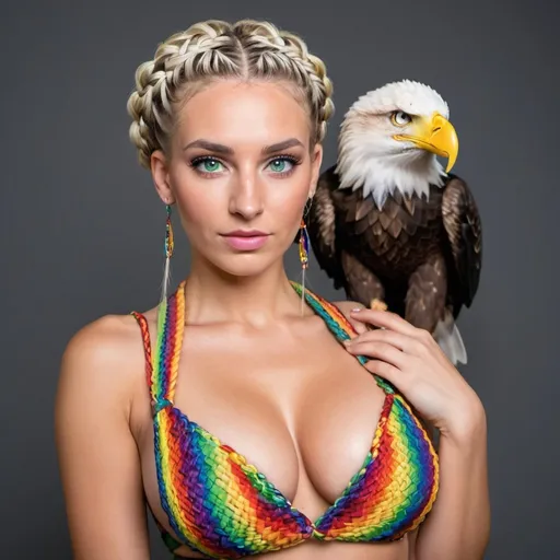 Prompt: White caucasian  Blonde female green eyes  micro braided rainbow colored updo hair wearing matching outfit 2 piece revealing large cleavage holding 
 a bald eagle 