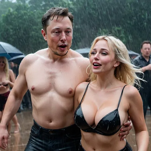 Prompt: Blonde female revealing extra large cleavage dancing in the rain next to her boyfriend elon musk