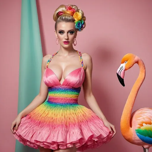 Prompt: Blonde female with green eyes  large cleavage rainbow microbraided hair updo matching makeup designer and matching designer cocktail dress and high heels  standing with a flamingo