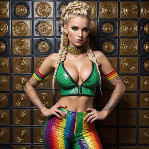 Prompt:  Blonde female green eyes  micro braided rainbow colored updo hair wearing matching outfit 2 piece revealing extra  large cleavage with a reptilian outfit matching tight full body tiled checkeredfloor versace design wall  black statues tribal