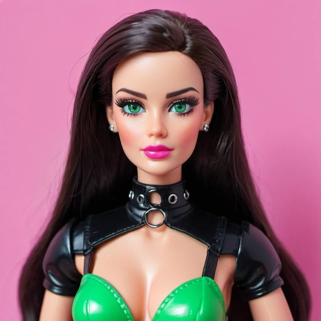 Prompt: Dominatrix barbie with green eyes and cosplay
