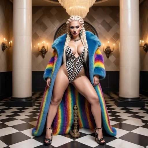 Prompt: microbraided blonde and rainbow hair revealing extra large cleavage full lips
with high heel shoes wearing a matching fur coat and checkered tiled floor with black tribal medusa statues  
