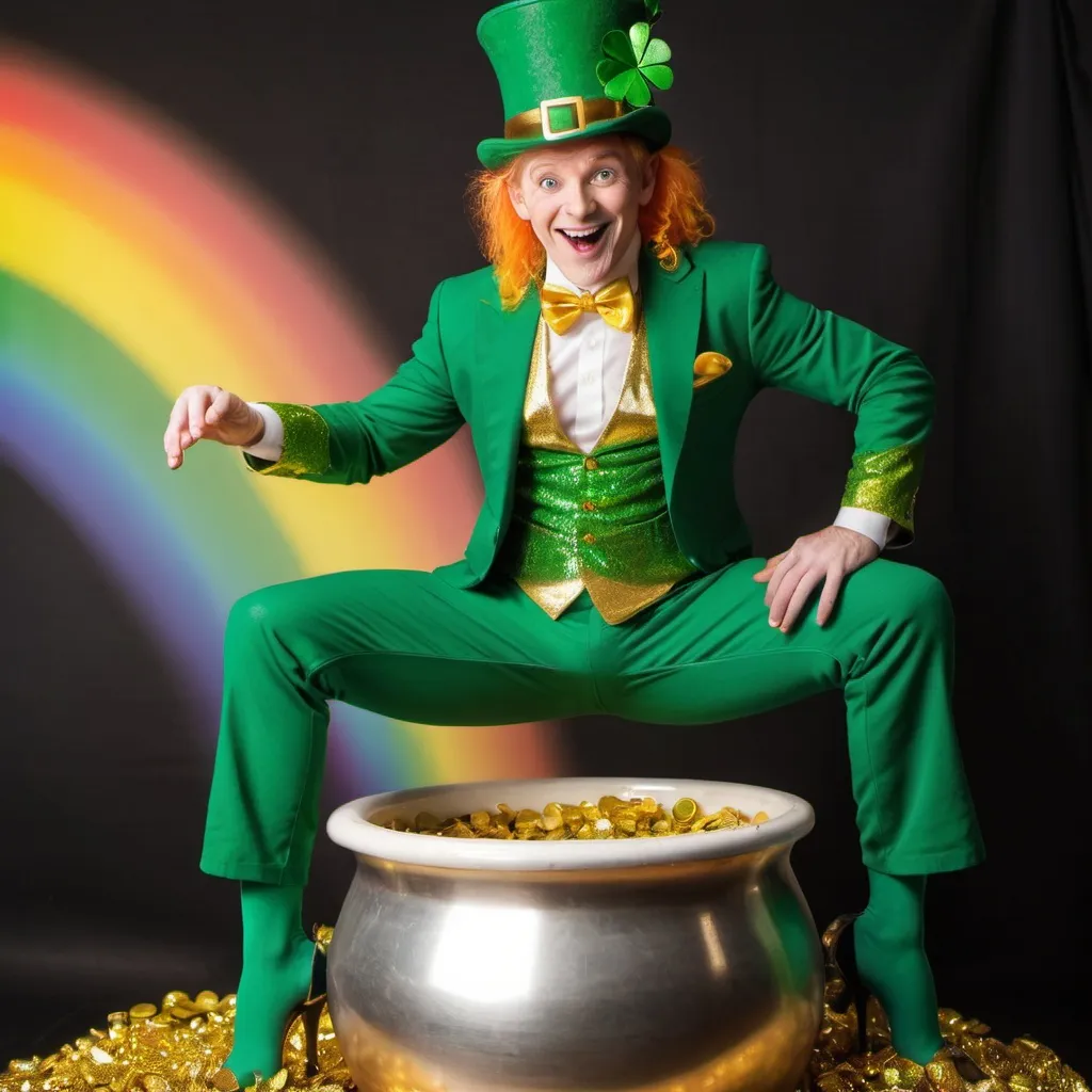 Prompt: A leprechaun exotic dancer popping out of a pot of gold 