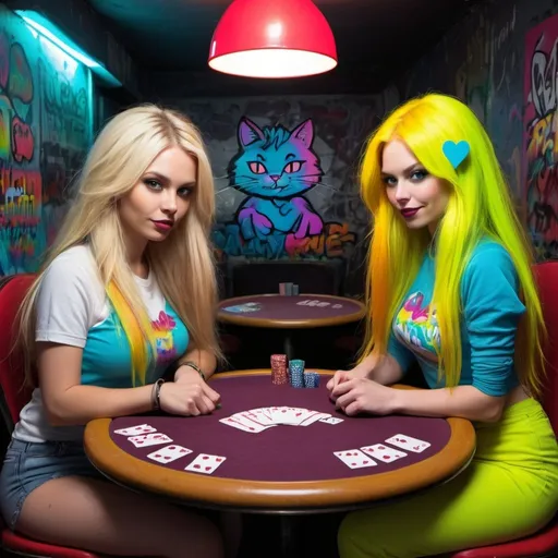 Prompt: Graffitti Cartoon attitude characture graffitti blonde neon rainbow long hair the Chester cat and Alice plating a game of poker 