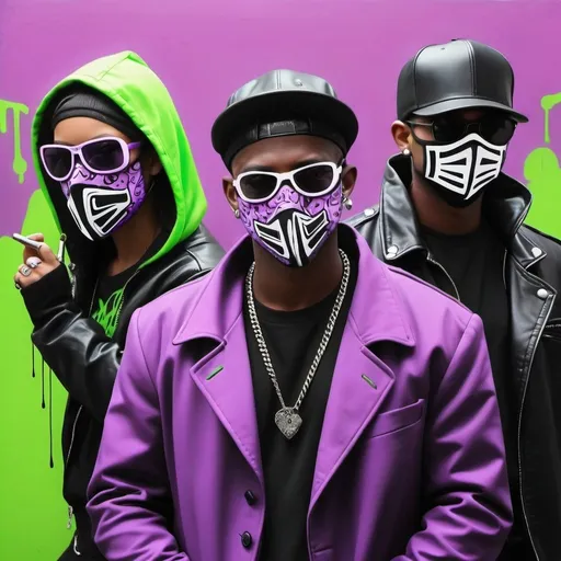 Prompt:  custom gangster graffiti charachters wearing masks pastel purple neon green black