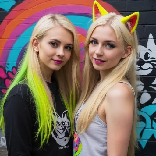 Prompt: graffitti blonde neon rainbow long hair the Chester cat and Alice