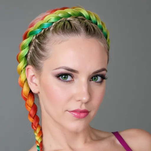 Prompt:  Blonde female green eyes  micro braided rainbow colored updo hair 
 Adult film star