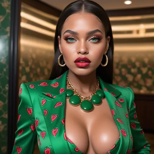 Prompt: Beautiful silicon rounded model perfect destinct face, green vibrant natural colored eyes,with boldest designer outfit REVEALING EXTRA LARGE CLEAVAGE full silicon lips wearing custom 2 piece  designer gucci outfit gucci pattern