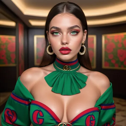 Prompt: Beautiful silicon rounded model perfect destinct face, green vibrant natural colored eyes,with boldest designer outfit REVEALING EXTRA LARGE CLEAVAGE full silicon lips wearing custom 2 piece  designer gucci outfit gucci pattern