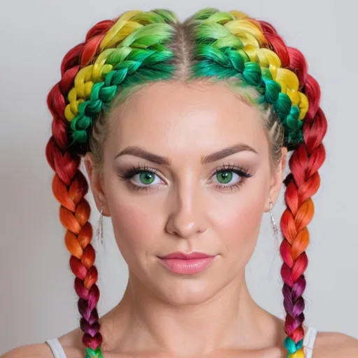 Prompt:  Blonde female green eyes  micro braided rainbow colored updo hair 
 Adult film star