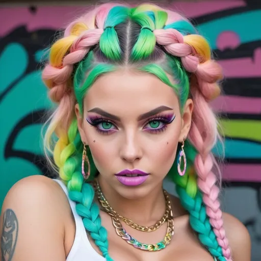 Prompt: Pastel graffiti gangster character green eyes revealing extra large cleavage with rainbow pastel microbraided hair and full lips designer unique loud makeup bold adorn