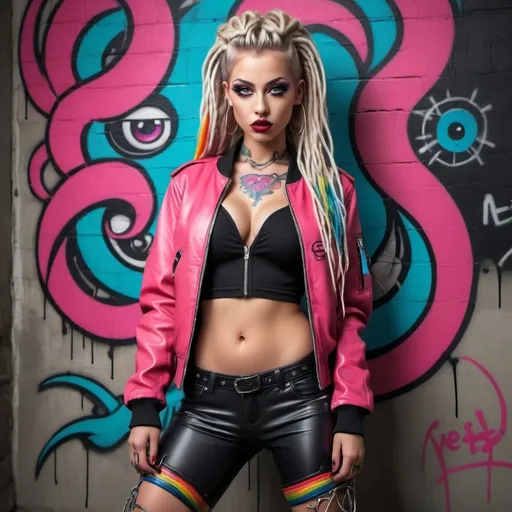 Prompt: New age techno art cyber punk natural large eyes female with blonde rainbow long microbraided hair revealing large cleavage red lips full and tattoo body pink 2 piece leather wearing thigh higheel boots bomber jacket leather graffiti print medusa exotic pose dark graffiti medusa art backround wall 