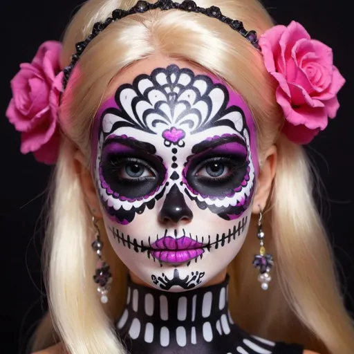 Prompt:  barbie with face art candy skull makeup and cosplay psycadelic and morbid 