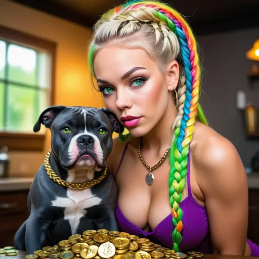 Prompt: A beautiful blonde petite female exotic dancer with popping out of a pot of gold bitcoins  with full lips and fill chest size green eyes and rainbow microbraided hair and a cane corso pitbull 