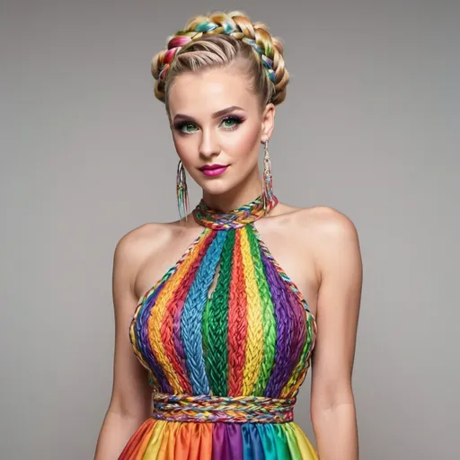 Prompt: Blonde female with green eyes  large cleavage rainbow microbraided hair updo matching makeup designer and matching designer cocktail dress and high heels 