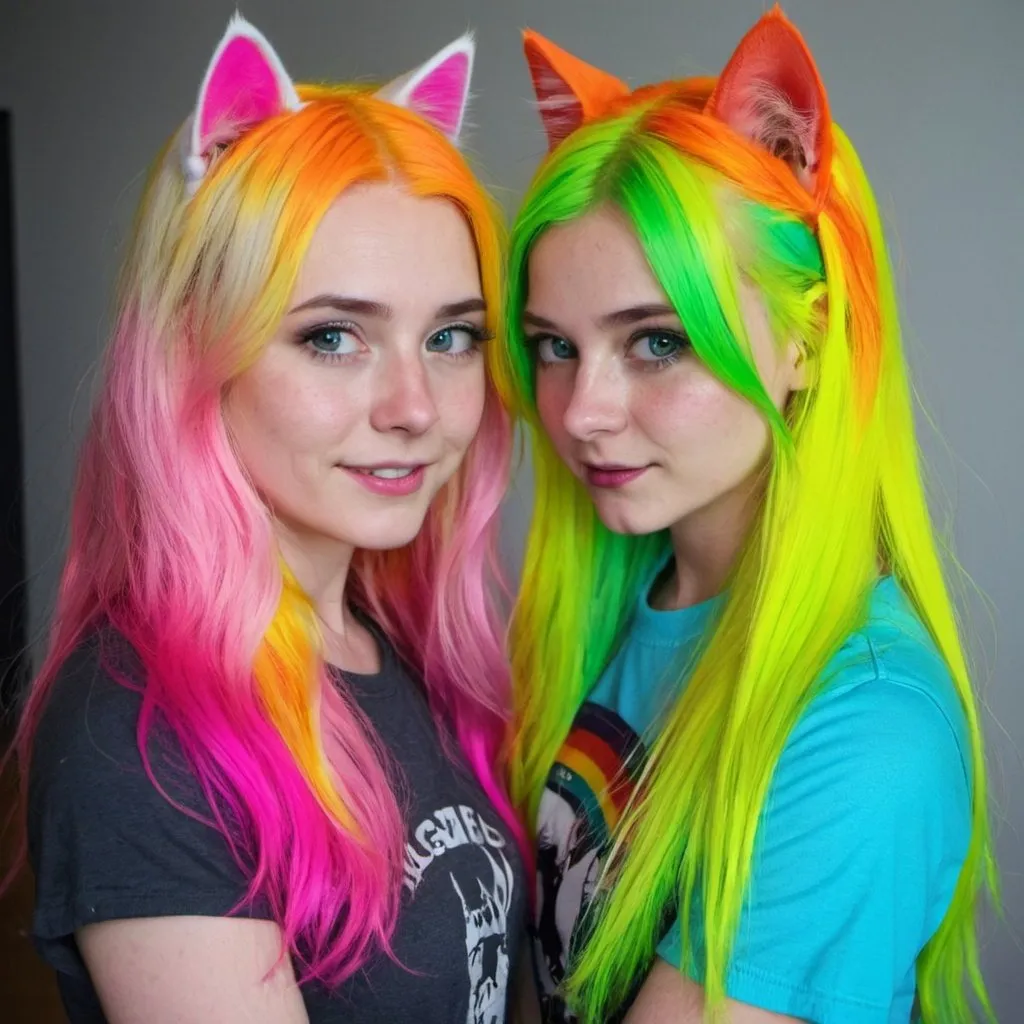 Prompt: blonde neon rainbow long hair the Chester cat and Alice