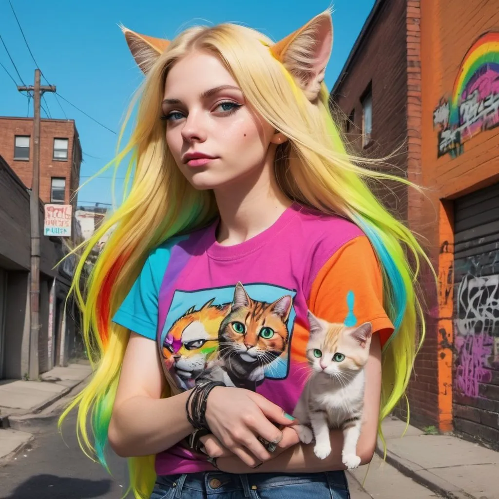 Prompt: graffitti blonde neon rainbow long hair the Chester cat and Alice playing grand theft auto
