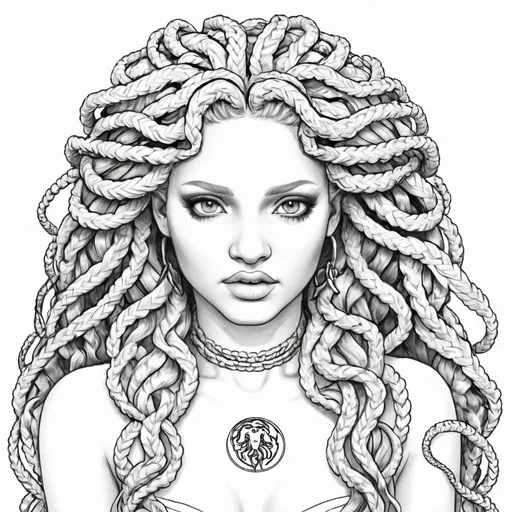 Prompt: Coloring page medusa microbraided blonde hair 