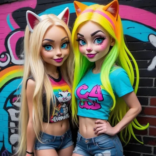 Prompt: Cartoon attitude  characture graffitti blonde neon rainbow long hair the Chester cat and Alice  