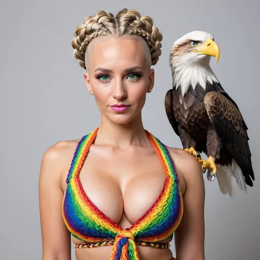 Prompt: White caucasian  Blonde female green eyes  micro braided rainbow colored updo hair wearing matching outfit 2 piece revealing large cleavage holding 
 a bald eagle 