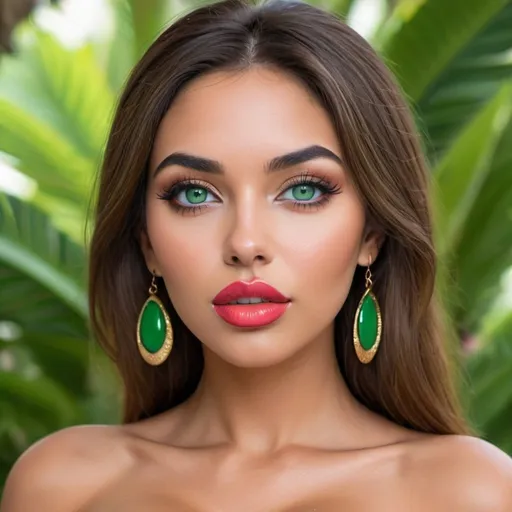 Prompt: Beautiful silicon rounded model perfect destinct face, green vibrant natural colored eyes,with boldest designer outfit REVEALING EXTRA LARGE CLEAVAGE full silicon lips wearing custom 2 piece exotic 