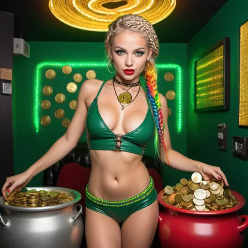 Prompt: A beautiful blonde petite female small leather strapped 2 piece outfit classy but revealing exotic dancer popping out of a pot of gold bitcoins  with full sized red lips and fullchest size green eyes and rainbow microbraided hair 