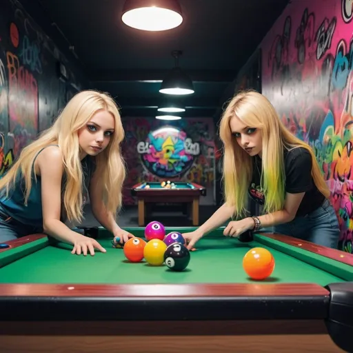 Prompt: Cartoon attitude  characture graffitti blonde neon rainbow long hair the Chester cat and Alice plating a game of 8ball pool