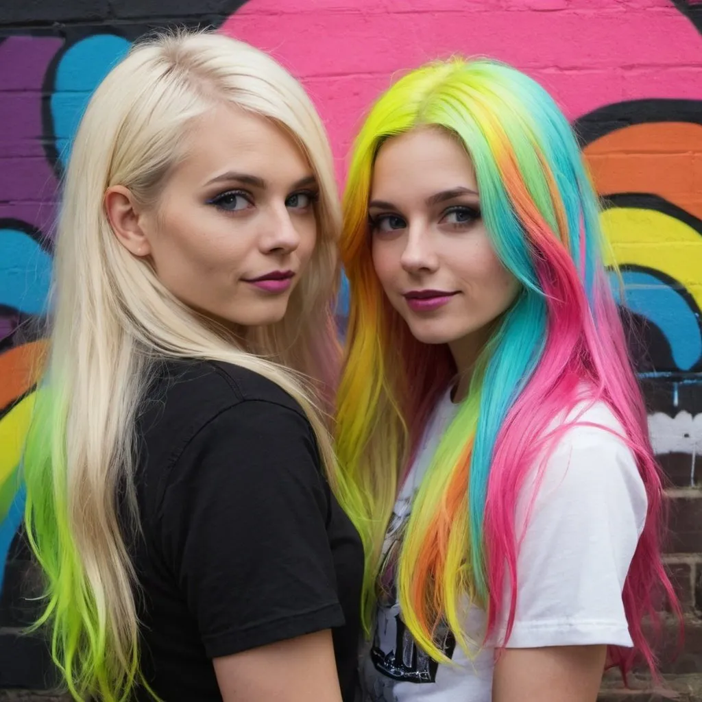 Prompt: graffitti blonde neon rainbow long hair the Chester cat and Alice