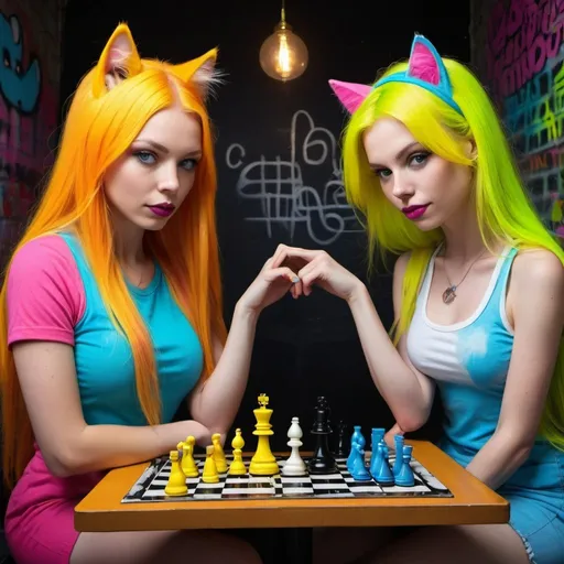 Prompt: Cartoon attitude  characture graffitti blonde neon rainbow long hair the Chester cat and Alice plating a game of chess