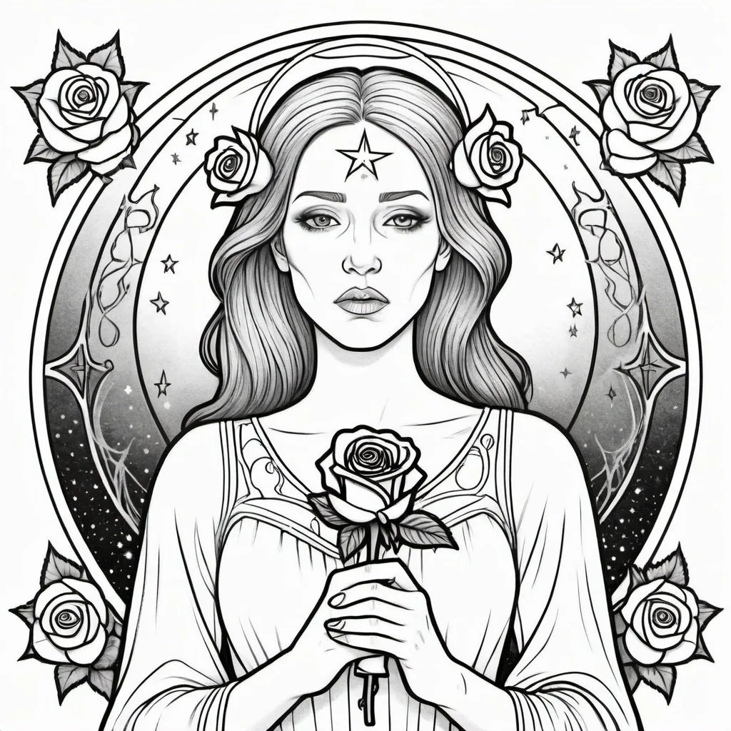 Prompt: Coloring page A morning star widow holding a rose of sorrow Inside a realm of her own thoughts 